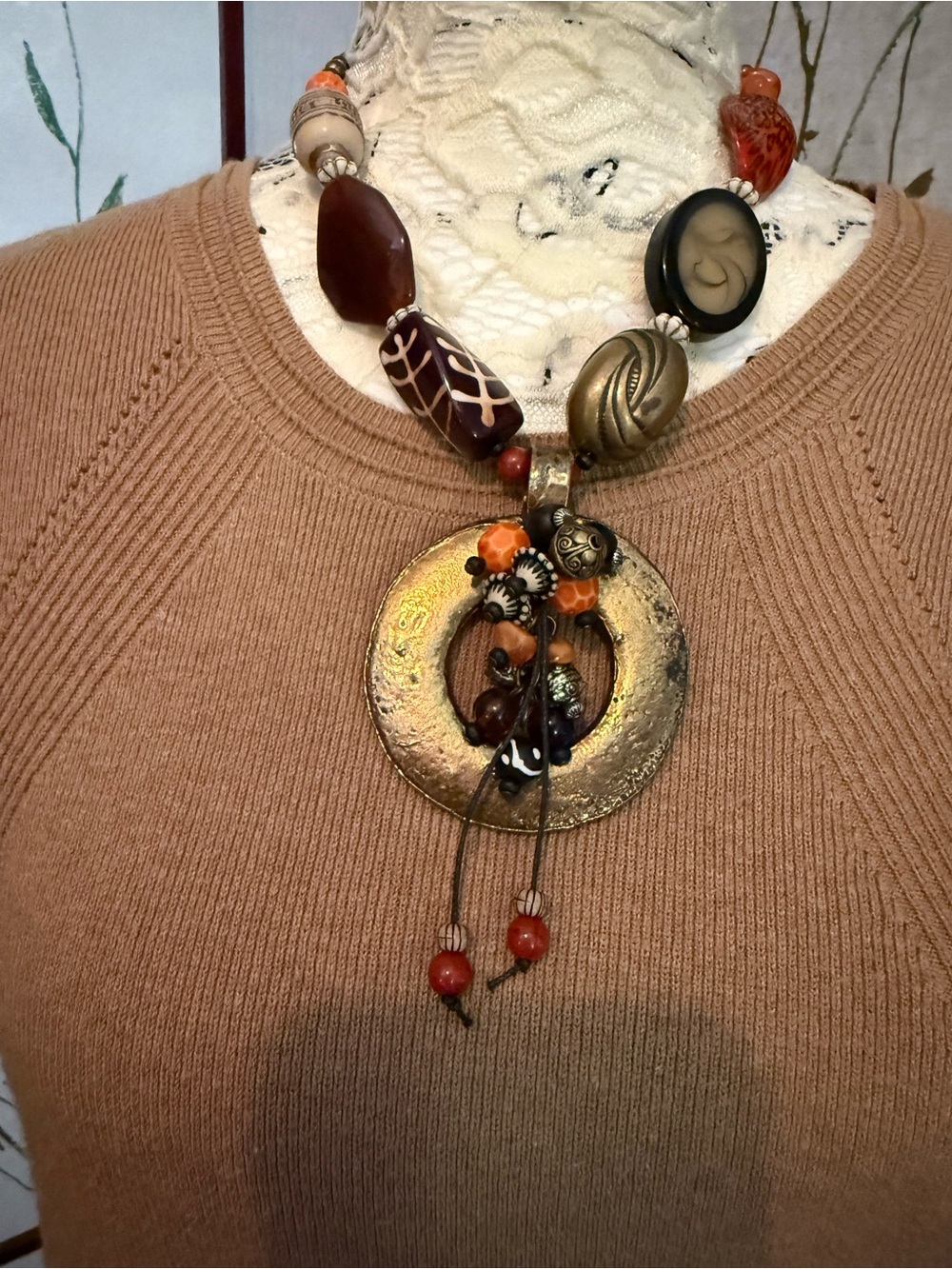 Bohemian Mixed-Bead Pendant Necklace in Brown and Gold